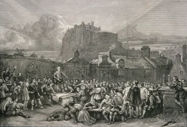 Une foule fait la queue pour signer le Covenant national devant le cimetière de Greyfriar, Édimbourg en 1638, de 